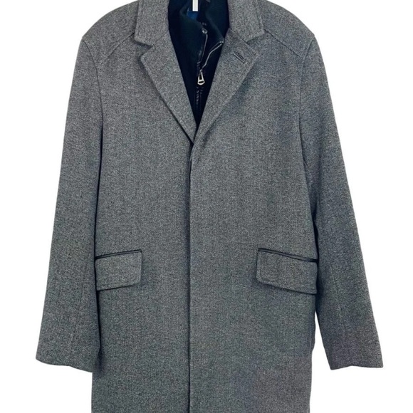 Cole Haan Men's Classic Wool Twill Topper Coat Ribbed Knit Bib Gray Black